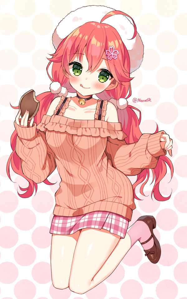 1girl :q ahoge aran_sweater bangs bell beret black_choker blush breasts brown_footwear brown_sweater choker closed_mouth commentary_request eyebrows_visible_through_hair food frilled_sweater full_body green_eyes hair_between_eyes hat high_heels holding holding_food hololive jingle_bell long_hair long_sleeves low_twintails mauve medium_breasts nail_polish neck_bell off-shoulder_sweater off_shoulder pink_legwear pink_nails plaid plaid_skirt pleated_skirt puffy_long_sleeves puffy_sleeves redhead sakura_miko shoes skirt sleeves_past_wrists smile socks solo sweater tongue tongue_out twintails twitter_username very_long_hair virtual_youtuber white_headwear