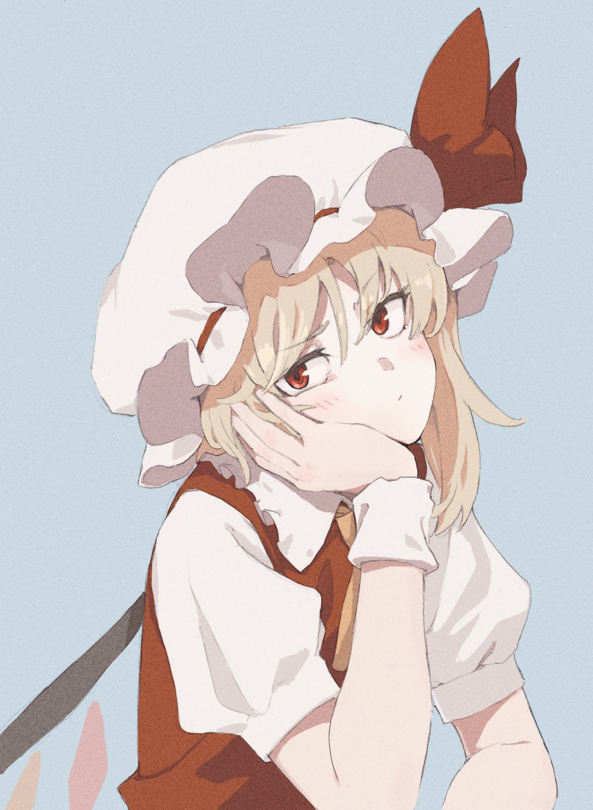 1girl ascot bangs blonde_hair blue_eyes commentary_request crystal flandre_scarlet hand_on_own_cheek hand_on_own_face hand_up hat head_rest highres looking_at_viewer mob_cap red_eyes red_ribbon red_vest ribbon shiratama_(hockey) shirt short_sleeves simple_background solo touhou upper_body vest white_headwear white_shirt wings wrist_cuffs yellow_ascot