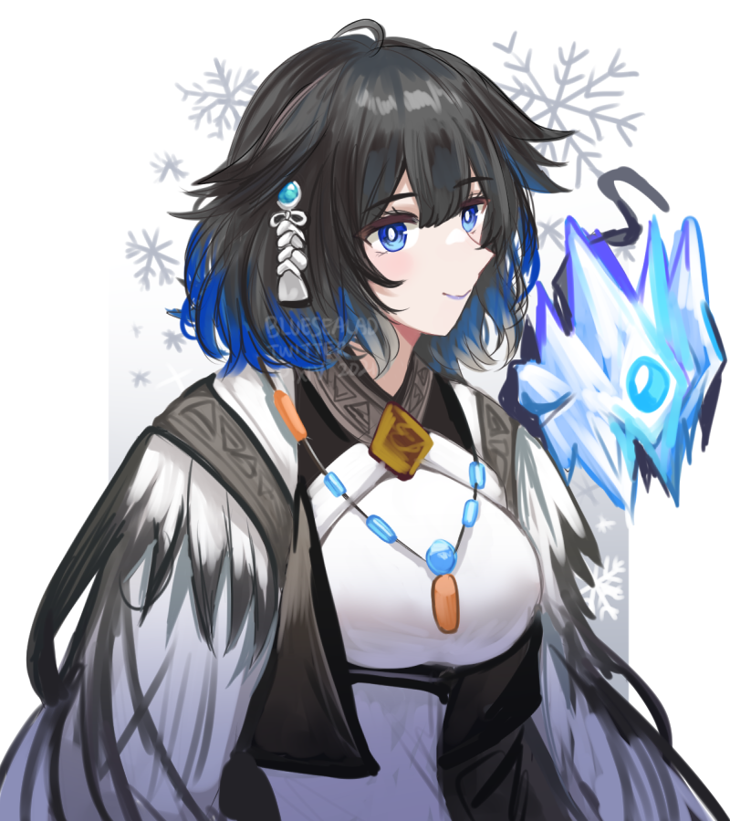 1girl arknights bangs black_hair blue_eyes blue_hair blue_sealad breasts commentary dress eyebrows_visible_through_hair jewelry kjera_(arknights) looking_at_viewer medium_breasts multicolored_hair necklace short_hair smile solo upper_body white_dress