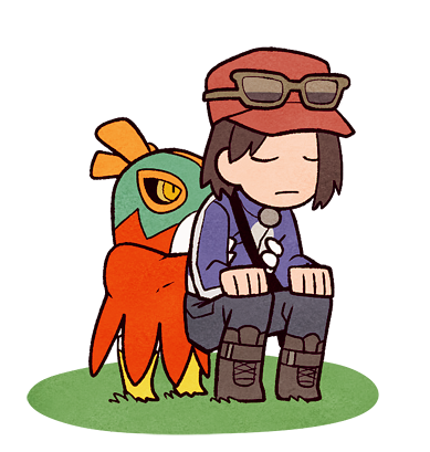 1boy blue_jacket boots brown_footwear brown_hair calem_(pokemon) clenched_hand closed_eyes closed_mouth commentary_request eyewear_on_headwear grass grey_pants hands_on_another's_chest hands_on_own_knees hat hawlucha jacket jaho lowres male_focus medium_hair pants pokemon pokemon_(creature) pokemon_(game) pokemon_xy red_headwear squatting strap white_background