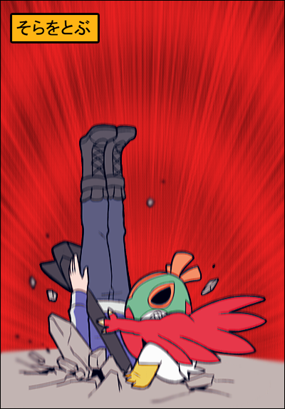 1boy bag black_bag blue_jacket blurry boots calem_(pokemon) claws clenched_teeth commentary_request emphasis_lines grey_footwear grey_pants hawlucha holding jacket jaho long_sleeves male_focus pants pokemon pokemon_(game) pokemon_xy rock shoulder_bag teeth translation_request