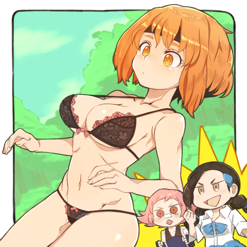 3girls black_hair breasts brown_eyes candice_(pokemon) closed_mouth gardenia_(pokemon) long_hair maylene_(pokemon) medium_hair multiple_girls navel open_mouth orange_hair panties pokemon pokemon_(game) pokemon_dppt short_hair smile underwear yucopi