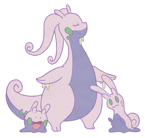 :d black_eyes closed_eyes closed_mouth commentary_request evolutionary_line eyelashes goodra goomy green_eyes jaho lowres open_mouth pokemon sliggoo smile standing toes tongue white_background