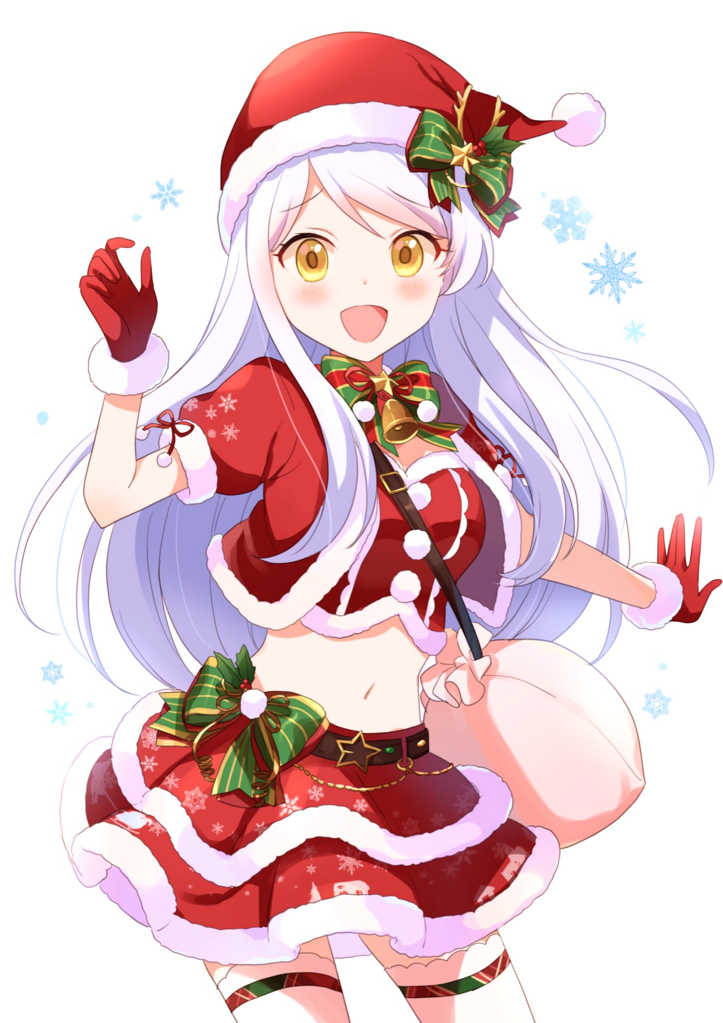 1girl :d bell belt black_belt bow bow_skirt bowtie buchi_(y0u0ri_) carrying christmas commentary_request cowboy_shot cropped_jacket eve_santaclaus fur-trimmed_skirt fur_trim gloves hat hat_bow highres idolmaster idolmaster_cinderella_girls jacket layered_skirt long_hair looking_at_viewer midriff miniskirt navel neck_bell open_mouth puffy_short_sleeves puffy_sleeves red_gloves red_headwear red_jacket red_shirt sack santa_costume santa_gloves santa_hat shirt short_sleeves simple_background skirt smile snowflakes solo standing star_(symbol) thigh_strap white_background yellow_eyes