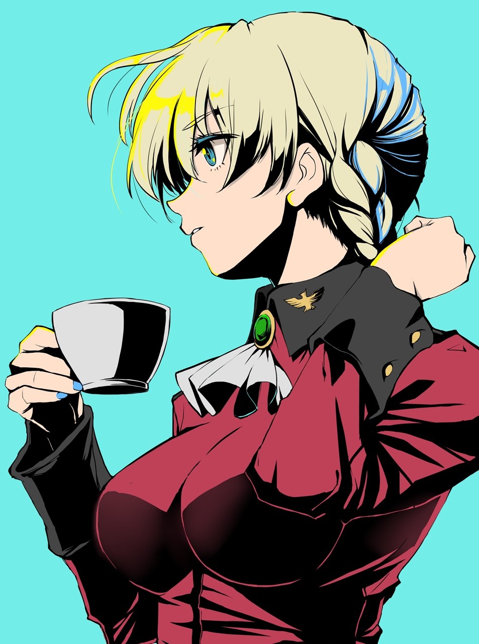 1girl blonde_hair blue_background blue_eyes braid cup darjeeling_(girls_und_panzer) epaulettes eyebrows_visible_through_hair from_side girls_und_panzer highres holding holding_cup jacket long_sleeves looking_to_the_side military military_uniform red_jacket short_hair simple_background solo st._gloriana's_military_uniform tied_hair twin_braids uniform upper_body yamagami_mozuku