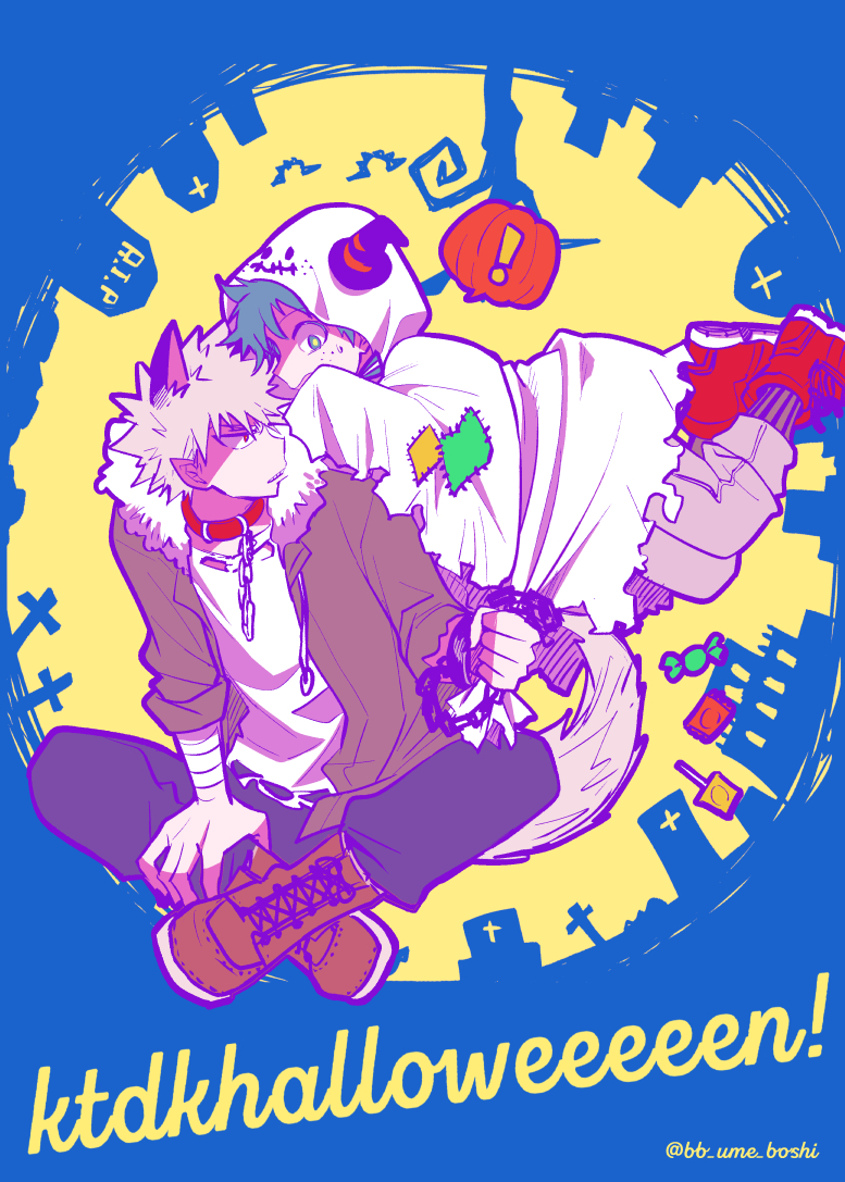 ! 2boys animal_ears bakugou_katsuki bandaged_arm bandages blonde_hair boku_no_hero_academia boots candy chain collar food freckles fur_collar ghost_costume green_eyes green_hair green_jacket halloween halloween_costume hat holding holding_chain jacket lollipop looking_at_another male_focus midoriya_izuku multiple_boys patch pointy_ears pumpkin red_eyes red_footwear sharp_teeth spiky_hair tail teeth tombstone tree twitter_username ume_(326310) witch_hat wolf_ears wolf_tail