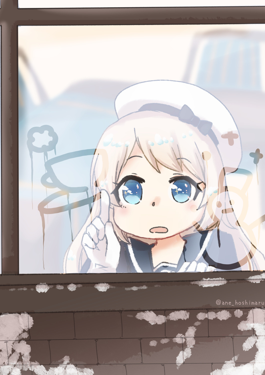 1girl ane_hoshimaru black_sailor_collar blonde_hair blue_eyes commentary_request condensation glass_writing gloves hat highres jervis_(kancolle) kantai_collection one-hour_drawing_challenge sailor_collar sailor_hat solo twitter_username upper_body white_gloves white_headwear window window_fog