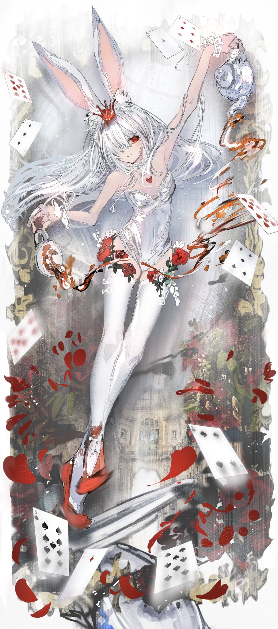 1girl animal_ear_fluff animal_ears bare_arms breasts card closed_mouth crown cup flower full_body hair_over_one_eye highres leotard long_hair looking_at_viewer mini_crown nanaponi one_eye_covered original playing_card rabbit_ears red_eyes red_flower red_footwear red_rose rose small_breasts smile solo strapless strapless_leotard symbol-only_commentary tea teacup teapot thigh-highs white_hair white_legwear white_leotard wrist_cuffs