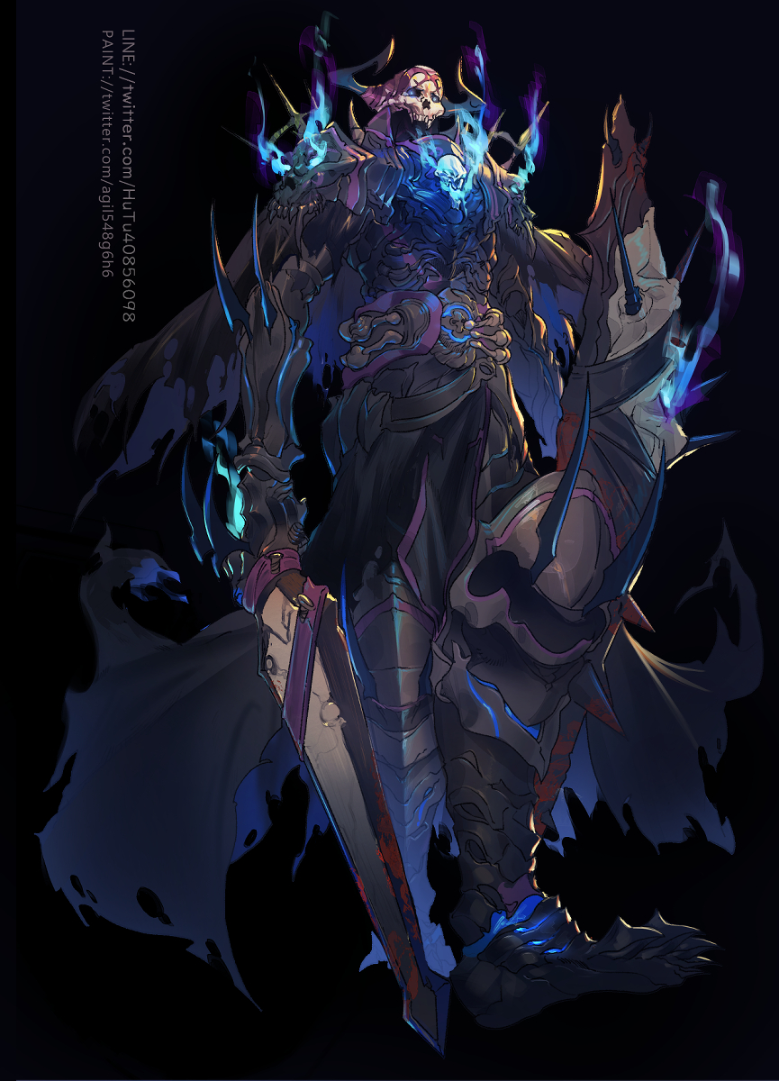 1boy armor black_cloak blue_fire cloak fate/grand_order fate_(series) fire glowing glowing_eyes highres holding holding_weapon horns king_hassan_(fate) mask open_mouth shield skull skull_mask snakeping spikes sword torn_cloak torn_clothes weapon