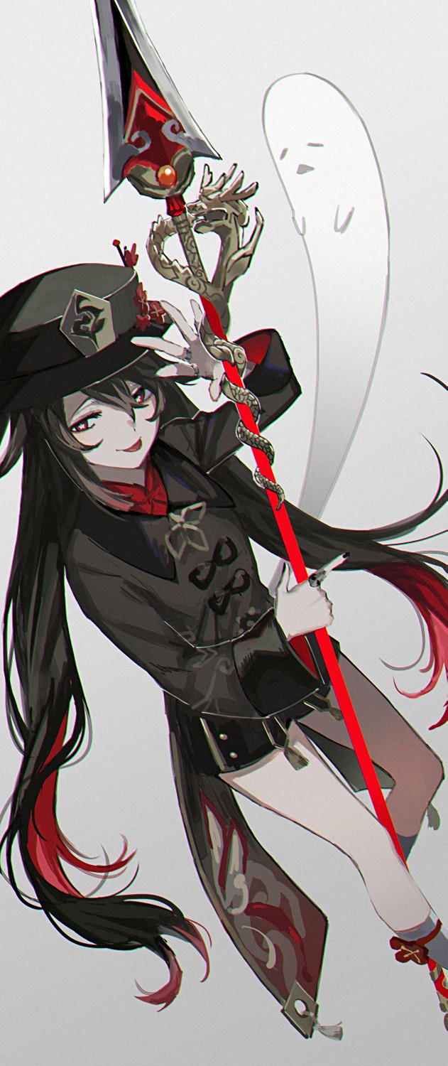 1girl bangs black_hair black_nails commentary_request flower flower-shaped_pupils genshin_impact ghost grey_background hair_between_eyes hat hat_flower highres holding holding_weapon hu_tao_(genshin_impact) jewelry kneehighs long_hair long_sleeves low_twintails multicolored_hair multiple_rings nail_polish plum_blossoms polearm red_eyes red_flower redhead ring shorts simple_background spear symbol-shaped_pupils tongue tongue_out twintails unchibuli very_long_hair weapon white_legwear