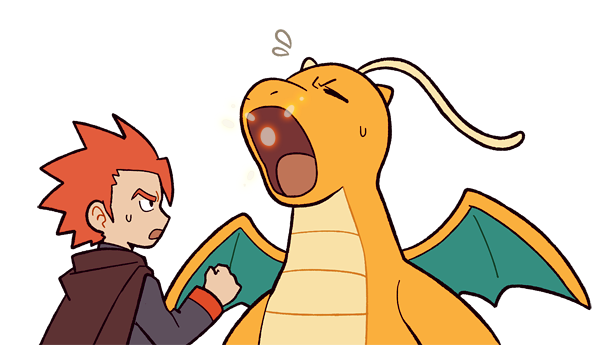1boy cape clenched_hand commentary_request dragonite flying_sweatdrops from_side hyper_beam_(pokemon) jacket jaho lance_(pokemon) long_sleeves male_focus open_mouth orange_hair pokemon pokemon_(creature) pokemon_(game) pokemon_frlg short_hair spiky_hair sweatdrop tongue