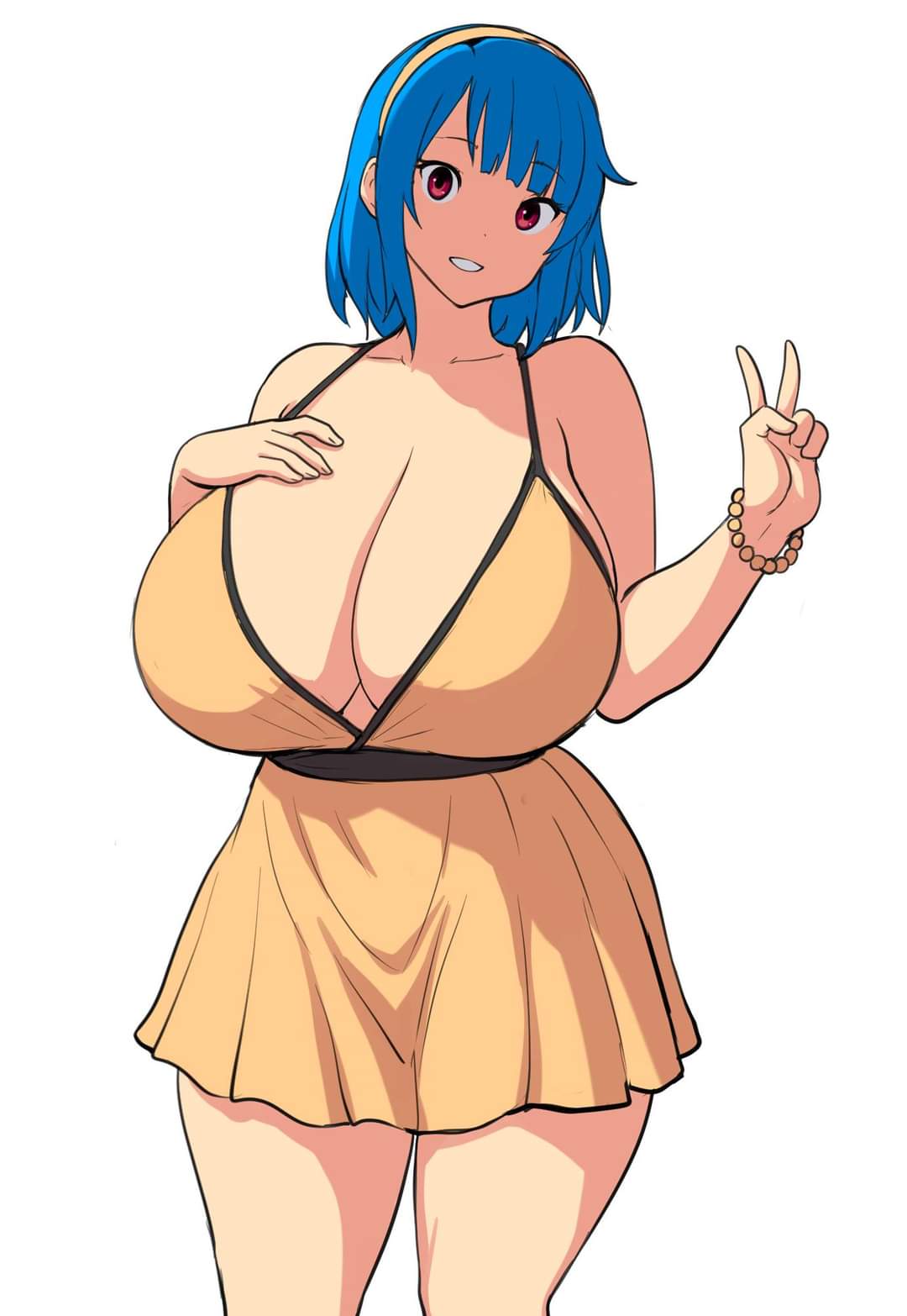 1girl bead_bracelet beads blue_hair bracelet breasts cowboy_shot dress erkaz hand_on_own_chest highres huge_breasts jewelry looking_at_viewer medium_hair original red_eyes rina_atherina thick_thighs thighs unfinished v white_background yellow_dress