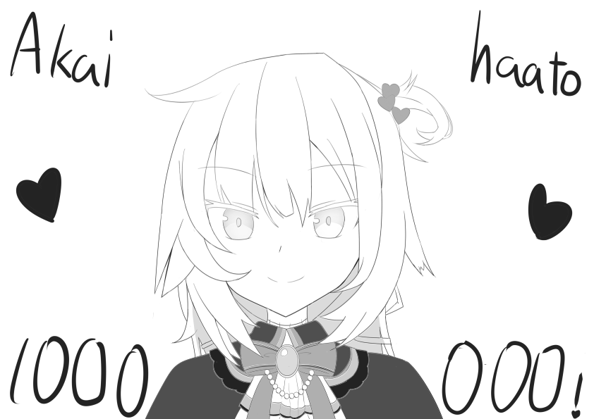 1girl akai_haato bangs bow bowtie character_name closed_eyes commentary english_text hair_bow hair_ornament hairclip heart heart_hair_ornament hololive jewelry long_hair looking_at_viewer monochrome simple_background smile solo stitched_neck taraaaaaaaaar thumbnail_surprise transparent virtual_youtuber