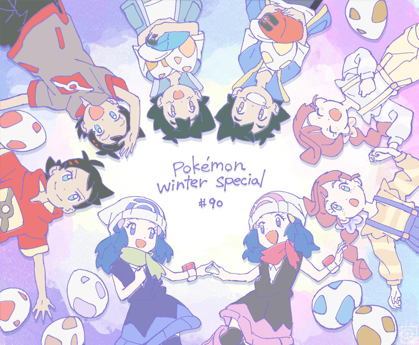 4boys 4girls :d antenna_hair ash_ketchum baseball_cap beanie black_hair blue_eyes brown_hair chloe_(pokemon) commentary_request copyright_name eyelashes goh_(pokemon) grey_shirt grin hat hikari_(pokemon) holding holding_hands jacket long_hair multiple_boys multiple_girls over-kneehighs overalls pants pokemon pokemon_(anime) pokemon_egg pokemon_swsh_(anime) red_scarf scarf shirt short_hair short_sleeves skirt sleeveless sleeveless_jacket sleeveless_shirt smile t-shirt teeth thigh-highs ueda_hanako white_headwear white_shirt