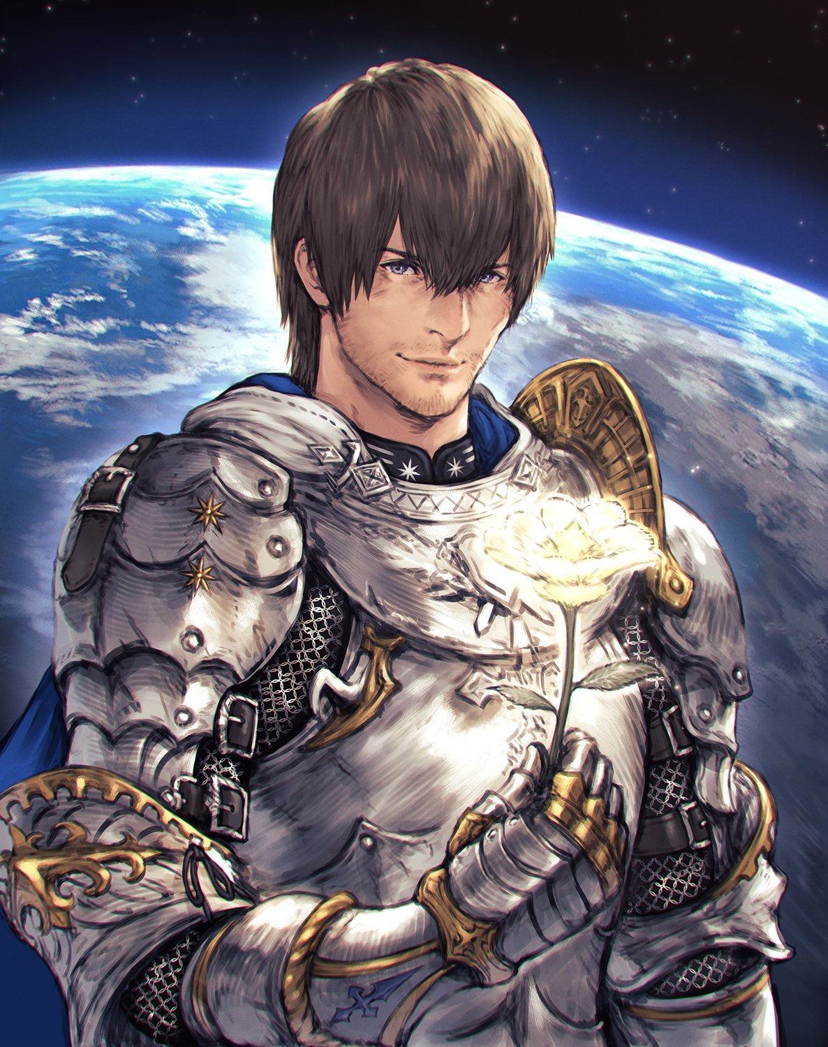&gt;:) 1boy adventurer_(ff14) armor blue_cape blue_eyes breastplate brown_hair cape chainmail commentary facial_hair final_fantasy final_fantasy_xiv flower gauntlets highres holding holding_flower hyur looking_at_viewer makimura_shunsuke male_focus paladin_(final_fantasy) pauldrons planet short_hair shoulder_armor smile solo space stubble upper_body v-shaped_eyebrows yellow_flower