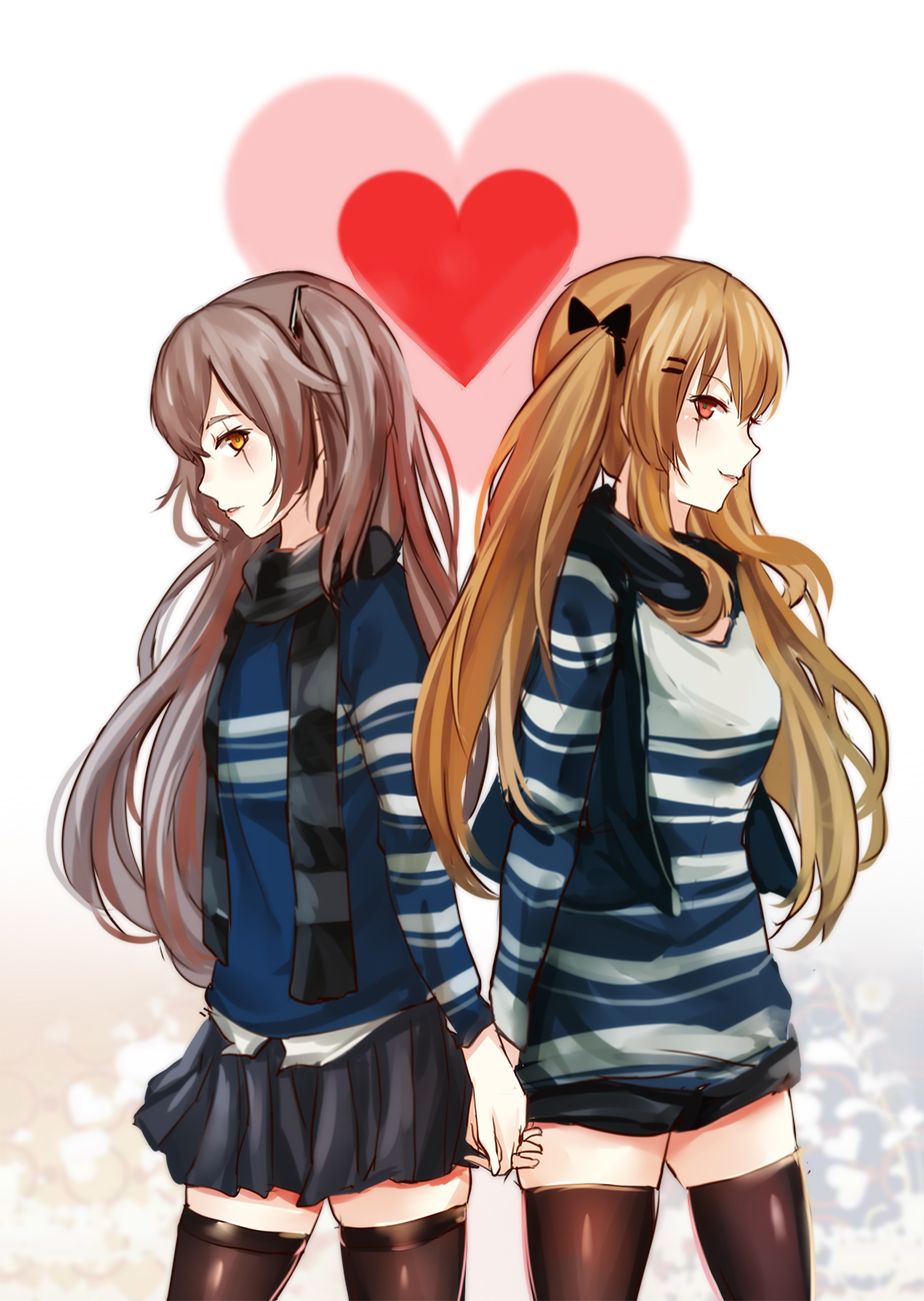 2girls bangs black_legwear black_scarf black_skirt bobo_(6630978) bow brown_eyes brown_hair closed_mouth eyebrows_visible_through_hair feet_out_of_frame girls_frontline hair_bow hair_ornament hairclip highres light_brown_hair long_hair looking_at_viewer multiple_girls red_eyes scar scar_across_eye scarf skirt smile standing striped striped_sweater sweater thigh-highs twintails ump45_(girls'_frontline) ump9_(girls'_frontline) valentine white_background
