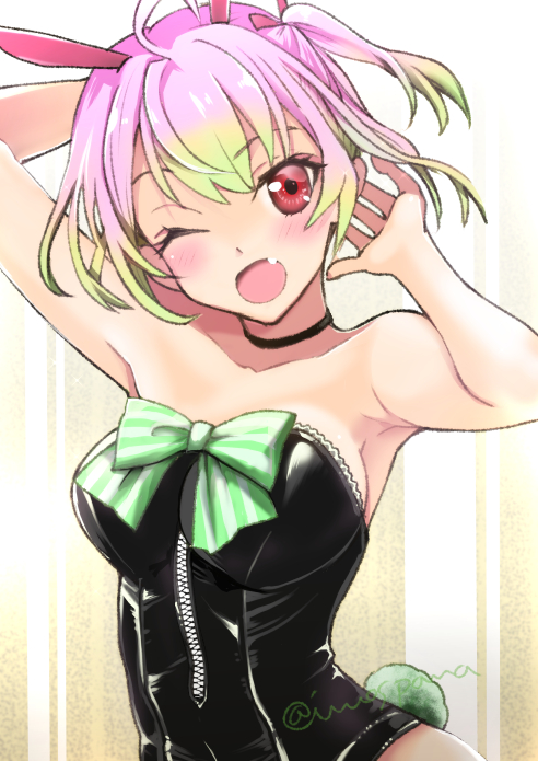 1girl :o ahoge alternate_costume alternate_hair_length alternate_hairstyle animal_ears bangs black_choker black_leotard blush bow breasts choker commentary_request fang gradient_hair green_bow green_hair kajii_supana kantai_collection leather leotard looking_at_viewer medium_breasts momo_(kancolle) multicolored_hair one_eye_closed one_side_up open_mouth pink_hair playboy_bunny rabbit_ears rabbit_tail red_eyes simple_background solo tail upper_body zipper