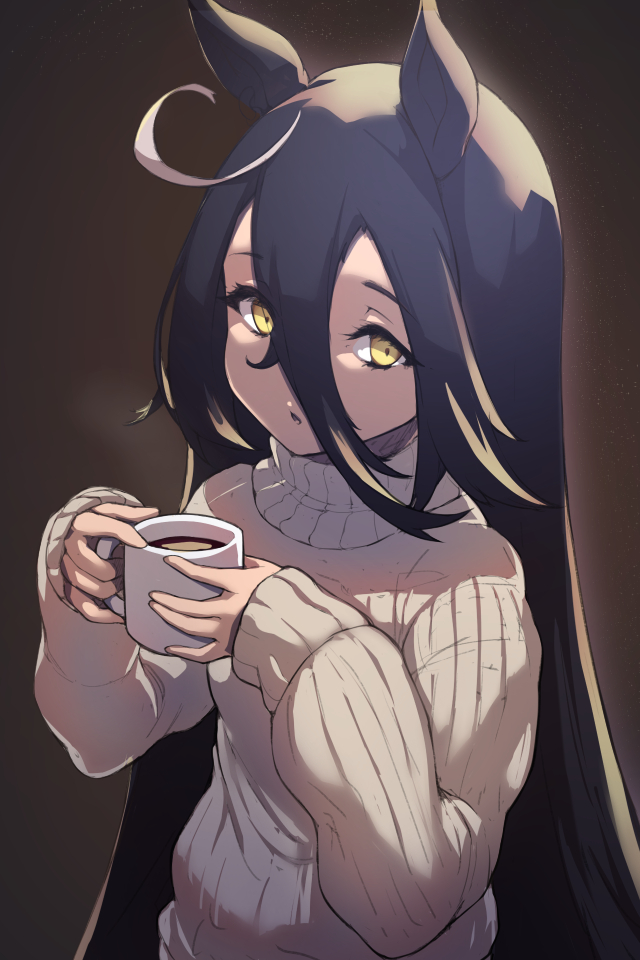 1girl :o ahoge animal_ears beige_sweater brown_background brown_eyes brown_hair coffee coffee_mug cup hair_between_eyes holding holding_cup horse_ears horse_girl looking_to_the_side manhattan_cafe_(umamusume) mug open_mouth solo sweater tsunakunmild turtleneck turtleneck_sweater umamusume upper_body
