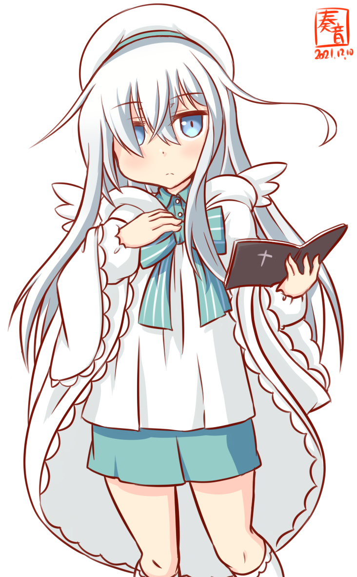 1girl alternate_costume angel_wings artist_logo blue_bow blue_bowtie blue_eyes blue_skirt bow bowtie cape commentary_request cowboy_shot dated dress hibiki_(kancolle) kanon_(kurogane_knights) kantai_collection long_hair looking_at_viewer one-hour_drawing_challenge pleated_dress silver_hair simple_background skirt solo verniy_(kancolle) white_background white_cape white_headwear wings