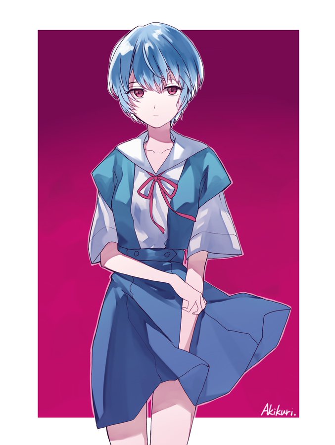 1girl akikuriii artist_name ayanami_rei bad_id bad_pixiv_id bangs blue_hair clothes_lift collarbone cowboy_shot dress dress_shirt gradient gradient_background hand_on_own_arm holding holding_clothes holding_skirt looking_at_viewer neck_ribbon neon_genesis_evangelion pinafore_dress purple_background red_eyes red_ribbon ribbon school_uniform shirt short_hair short_sleeves signature skirt skirt_lift solo white_shirt wind wind_lift