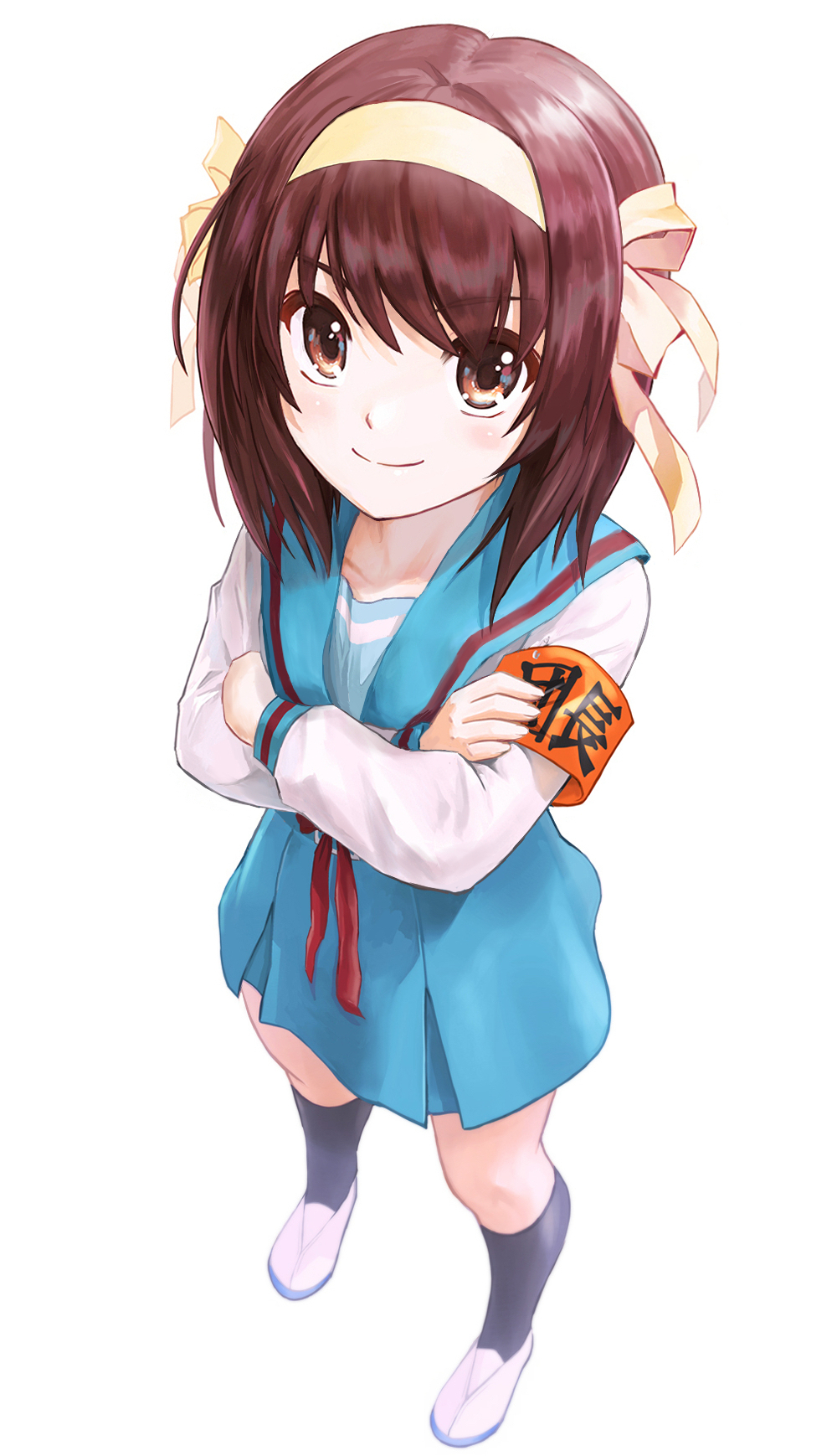 1girl armband blue_legwear blue_sailor_collar blue_skirt bow bow_hairband brown_eyes brown_hair crossed_arms full_body hairband highres ishiyuki00 kita_high_school_uniform loafers looking_at_viewer medium_hair neck_ribbon orange_bow orange_hairband red_ribbon ribbon sailor_collar school_uniform serafuku shoes sketch skirt solo suzumiya_haruhi suzumiya_haruhi_no_yuuutsu uwabaki