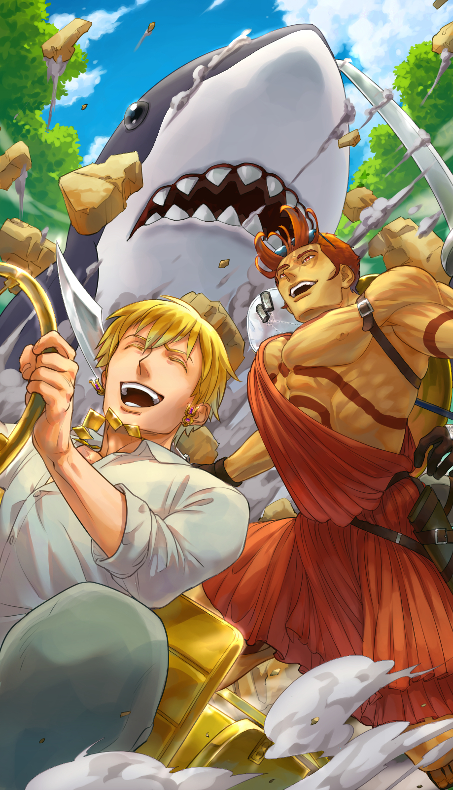 2boys abs bare_pectorals driving fate/grand_order fate_(series) from_below gilgamesh_(caster)_(fate) gilgamesh_(enstablishment)_(fate) gilgamesh_(fate) highres laughing male_focus multiple_boys muscular muscular_male nipples official_alternate_costume pectorals sash shark short_hair sib_(utau7) sideburns