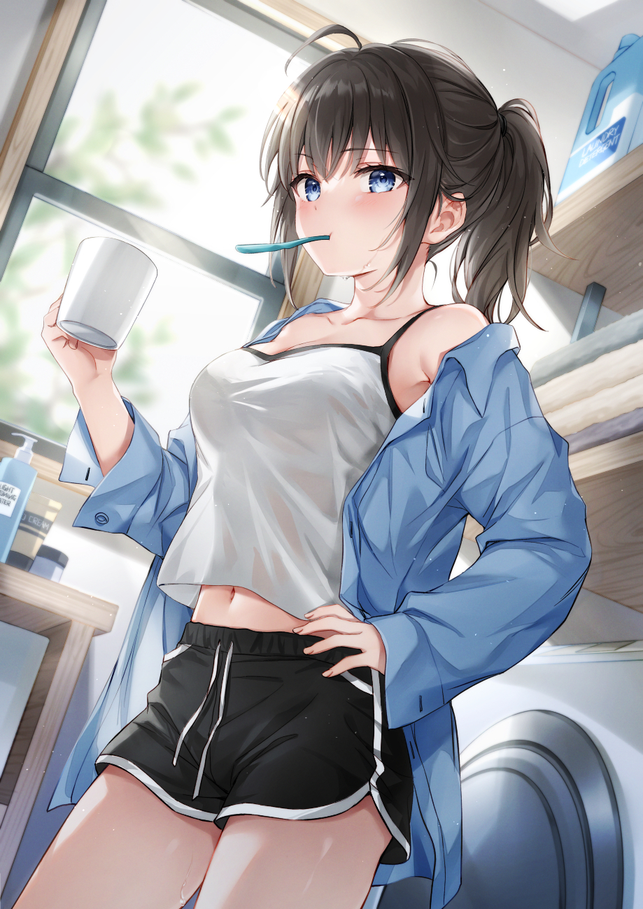 1girl ahoge armpit_crease bare_shoulders black_hair black_shorts blue_eyes blue_shirt breasts camisole collarbone contrapposto crop_top crop_top_overhang cup dolphin_shorts drawstring dress_shirt hand_on_hip highres holding long_hair long_sleeves looking_at_viewer medium_breasts midriff mouth_hold mug navel off_shoulder open_clothes open_shirt original ponytail see-through_silhouette shirt short_shorts shorts sidelocks sleeveless sleeveless_shirt solo spaghetti_strap standing thighs toothbrush toothbrush_in_mouth undershirt white_shirt yumesaki