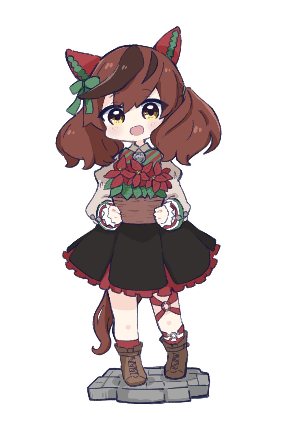 1girl :d animal_ears bangs black_dress blush boots bow brown_eyes brown_footwear brown_hair chibi commentary_request dress ear_bow eyebrows_visible_through_hair flower flower_box frilled_dress frills full_body green_bow grey_shirt hair_between_eyes highres hitomiz holding horse_ears horse_girl horse_tail juliet_sleeves long_sleeves looking_at_viewer multicolored_hair nice_nature_(umamusume) puffy_sleeves red_flower red_legwear shirt simple_background sleeveless sleeveless_dress smile socks solo standing streaked_hair tail twintails umamusume white_background