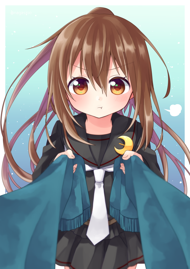1girl :t =3 bangs black_sailor_collar black_skirt blue_scarf brown_eyes brown_hair commentary_request commission eyebrows_visible_through_hair fumizuki_(kancolle) hair_between_eyes holding holding_clothes holding_scarf kantai_collection long_hair long_sleeves looking_at_viewer nagasioo neckerchief pleated_skirt ponytail pout sailor_collar scarf school_uniform serafuku simple_background skeb_commission skirt solo very_long_hair white_neckerchief