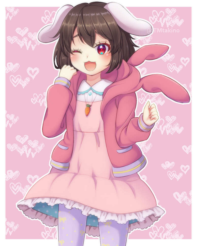 1girl :3 animal_ears animal_hood bangs blush border brown_hair bunny_hood carrot_necklace commentary_request contemporary cowboy_shot dress eyebrows_visible_through_hair floppy_ears frilled_dress frills heart heart_background hood hoodie inaba_tewi long_sleeves looking_at_viewer one_eye_closed open_mouth outside_border pantyhose pink_background pink_dress pink_hoodie purple_legwear rabbit_ears red_eyes short_hair smile solo tomo_takino touhou white_border