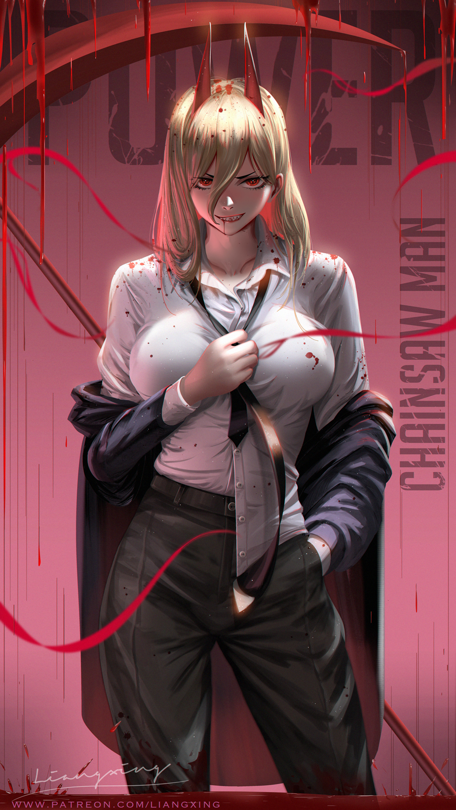 +_+ 1girl adjusting_clothes adjusting_necktie black_necktie blood blood_from_mouth breasts business_suit chainsaw_man crosshair_pupils demon_girl demon_horns formal hand_in_pocket highres horns liang_xing looking_at_viewer necktie off_shoulder power_(chainsaw_man) red_horns ringed_eyes scythe sharp_teeth shirt_half_tucked_in smile solo suit teeth