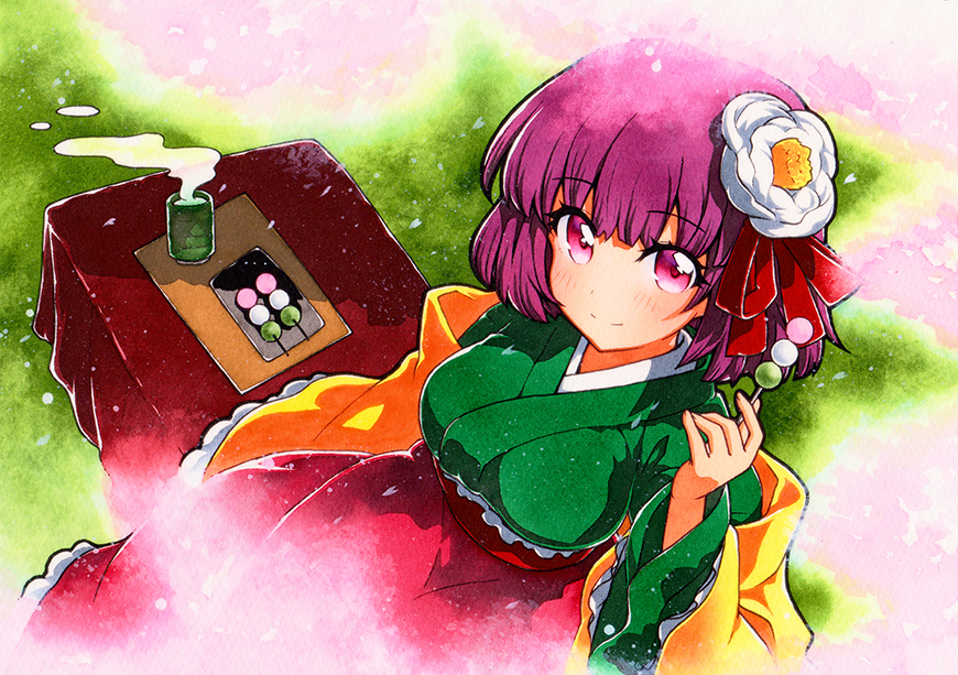 1girl breasts checkered_clothes checkered_kimono closed_mouth dango eyebrows_visible_through_hair flower food grass hair_flower hair_ornament hieda_no_akyuu japanese_clothes kimono large_breasts long_sleeves looking_at_viewer looking_up outdoors purple_hair qqqrinkappp red_skirt short_hair skirt smile solo tea touhou traditional_media violet_eyes wagashi white_flower wide_sleeves
