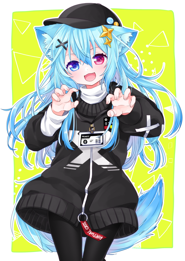 1girl animal_ears badge bangs black_headwear black_jacket black_legwear blue_eyes blue_hair button_badge claw_pose commentary_request commission hair_between_eyes hair_ornament hat heterochromia jacket long_hair long_sleeves looking_at_viewer nagasioo open_mouth original pantyhose red_eyes simple_background skeb_commission solo sweater tail turtleneck turtleneck_sweater very_long_hair white_sweater x_hair_ornament