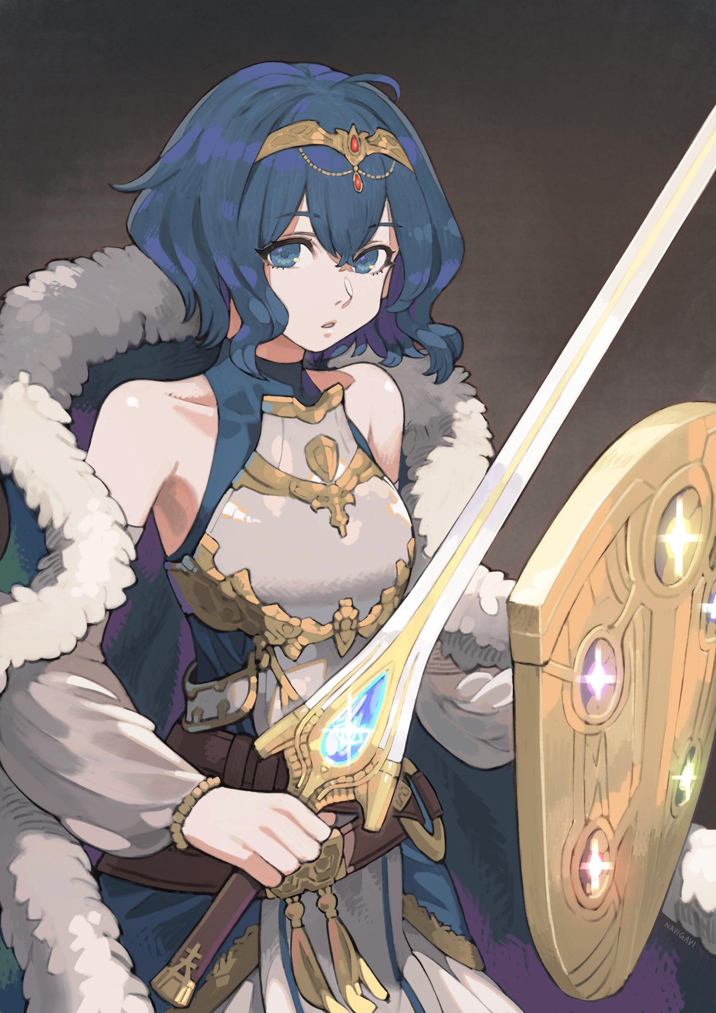 1girl ahoge armor bare_shoulders breasts cape commentary commission detached_sleeves english_commentary eyebrows_visible_through_hair falchion_(fire_emblem) fire_emblem fire_emblem_awakening fur-trimmed_cape fur_trim highres holding holding_shield holding_sword holding_weapon jun_(seojh1029) looking_at_viewer making-of_available morgan_(fire_emblem) morgan_(fire_emblem)_(female) purple_hair shield short_hair simple_background skeb_commission solo sword violet_eyes weapon
