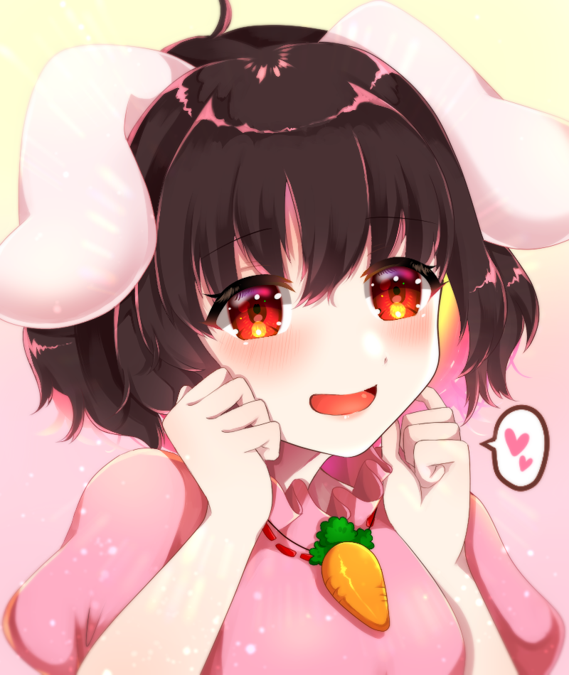 1girl animal_ears bangs black_hair blush carrot_necklace commentary_request dress enishida_tsuna eyebrows_visible_through_hair floppy_ears frilled_dress frills hands_on_own_cheeks hands_on_own_face inaba_tewi looking_at_viewer open_mouth pink_dress puffy_short_sleeves puffy_sleeves rabbit_ears red_eyes ribbon-trimmed_dress short_hair short_sleeves smile solo touhou upper_body
