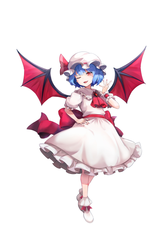 1girl ;d \||/ arm_up ascot back_bow bangs bat_wings blue_eyes blush bow brooch dress english_commentary eyelashes fang fingernails footwear_bow frilled_shirt_collar frilled_sleeves frills full_body hand_on_hip hat hsin jewelry looking_at_viewer mob_cap nail_polish one_eye_closed open_mouth pink_dress pink_headwear red_ascot red_bow red_eyes red_nails red_sash remilia_scarlet ruby_(gemstone) sash short_hair simple_background slit_pupils smile smug solo standing tongue touhou white_background wings wrist_cuffs