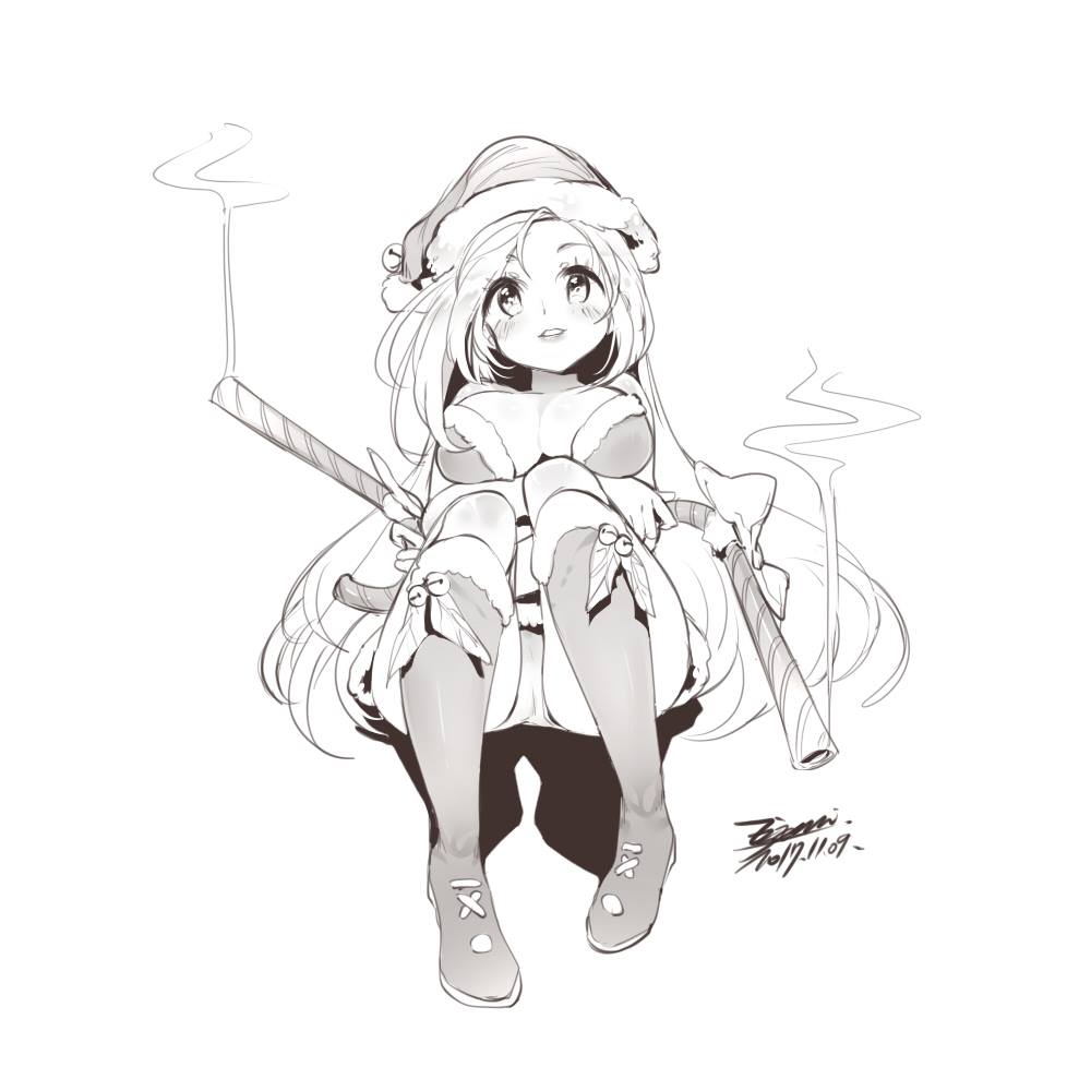 1girl bell boots breasts candy candy_cane character_request christmas dated ejami food hat jingle_bell league_of_legends long_hair looking_at_viewer monochrome santa_hat signature simple_background smile solo white_background
