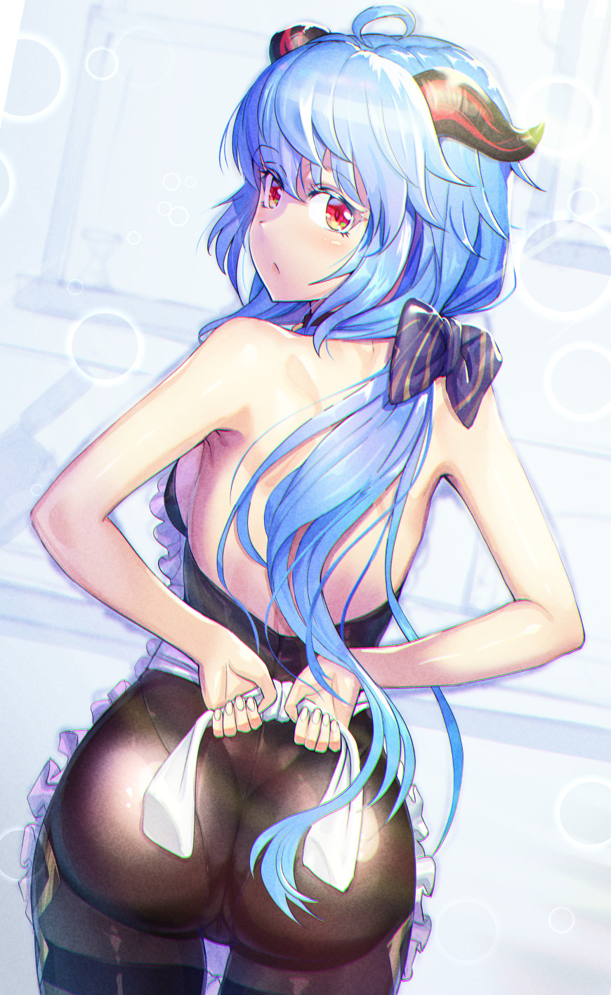 adjusting_clothes ahoge apron ass back backless_outfit bangs blue_hair blush bodystocking bodysuit bow bowtie breasts eyebrows_visible_through_hair frilled_apron frills from_behind ganyu_(genshin_impact) genshin_impact highres horns leotard leotard_under_clothes long_hair looking_at_viewer low_ponytail nearly_naked_apron no_gloves red_eyes sideboob sleeveless solo soramiruku standing thigh_gap
