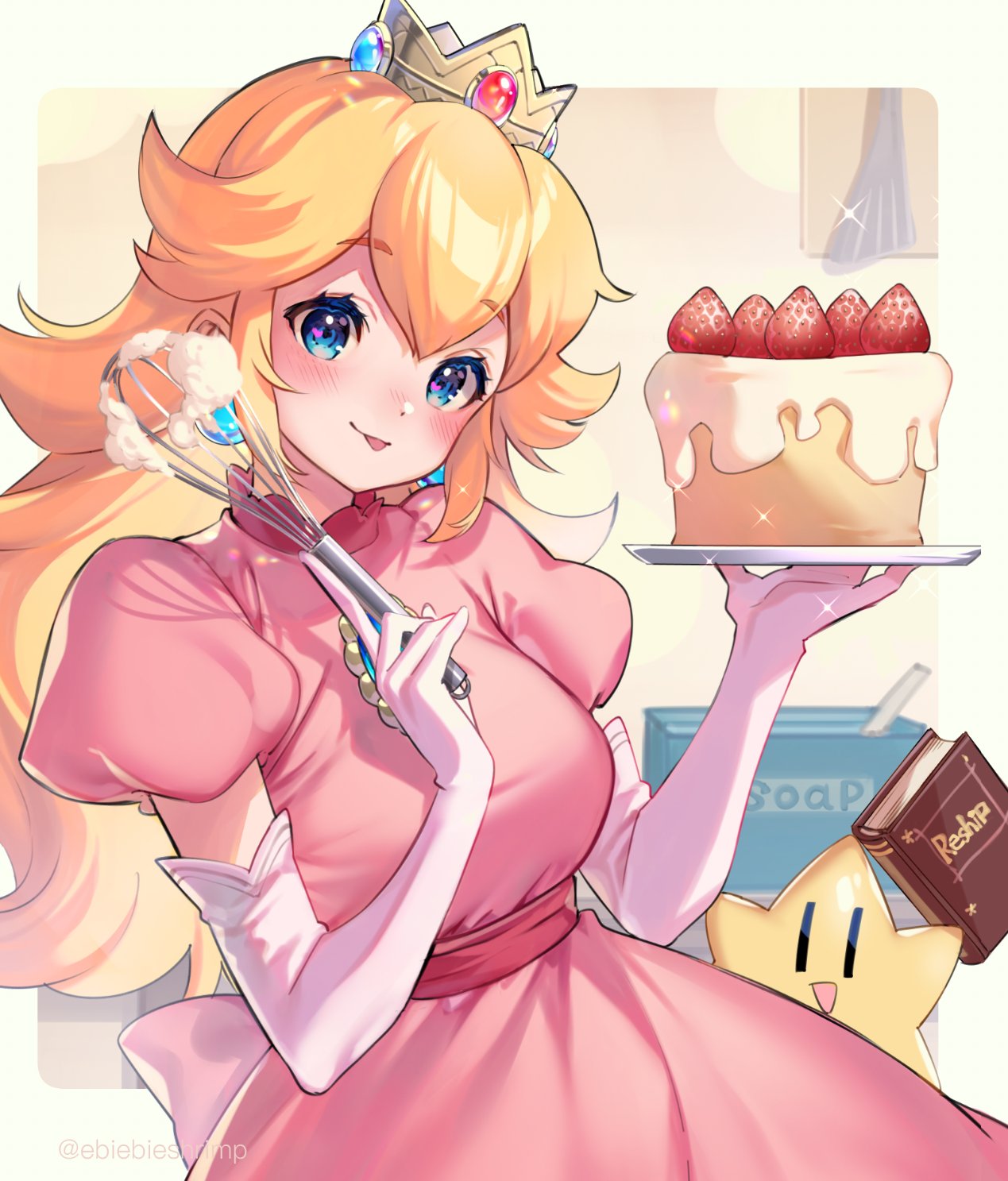 1girl baking bangs blonde_hair blue_eyes blush breasts cake cookbook cooking crown dress elbow_gloves eyebrows_visible_through_hair food gem gloves highres holding holding_food icing large_breasts looking_at_viewer nintendo princess_peach shuri_(84k) soap starman_(mario) strawberry_shortcake super_mario_bros. super_mario_bros. super_smash_bros. tongue tongue_out whisk