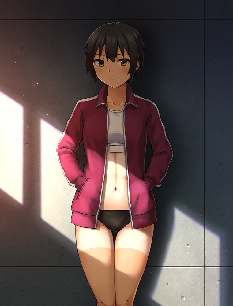 1girl bangs black_buruma black_hair blush breasts brown_eyes buruma closed_mouth collarbone commentary_request cowboy_shot eyebrows_visible_through_hair hair_between_eyes hands_in_pockets hashi indoors jacket long_sleeves looking_at_viewer medium_breasts midriff navel open_clothes open_jacket original red_jacket shadow short_hair sidelocks smile solo sports_bra standing tan tanlines tomboy toned track_jacket white_sports_bra window_shade