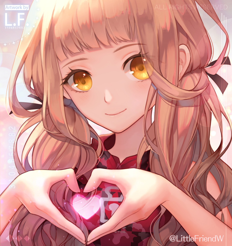 1girl artist_name bangs blonde_hair close-up closed_mouth heart heart_hands lf_(paro) long_hair looking_at_viewer reality_arc_(sinoalice) red_riding_hood_(sinoalice) red_shirt shirt sinoalice smile solo twintails yellow_eyes