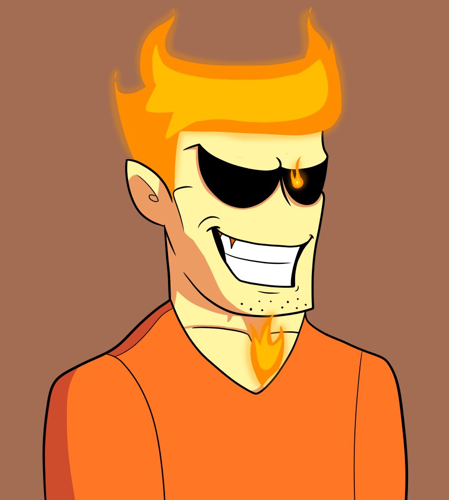 1boy alternate_universe brown_background daddy_dearest dickard_john fire flaming_eye flaming_hair friday_night_funkin' friday_night_funkin'_crystal grin male_focus orange_shirt simple_background smile solo stubble