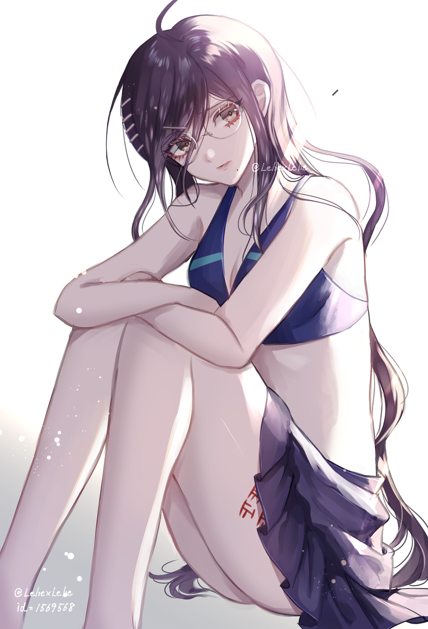 1girl ahoge bangs bare_arms bare_shoulders bikini body_writing breasts brown_eyes closed_mouth collarbone commentary_request danganronpa:_trigger_happy_havoc danganronpa_(series) danganronpa_s:_ultimate_summer_camp eyebrows_visible_through_hair feet_out_of_frame fukawa_touko glasses gradient gradient_background grey_background hair_between_eyes hair_ornament hairclip highres knees_up long_hair looking_at_viewer medium_breasts messy_hair mole mole_under_mouth official_alternate_costume outdoors purple_hair simple_background sitting skirt solo swimsuit very_long_hair white_background z-epto_(chat-noir86)