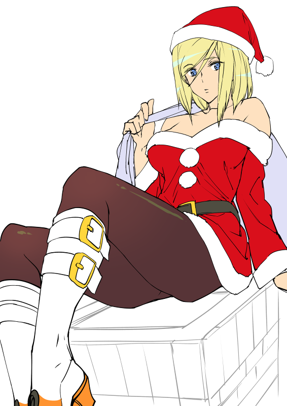 1girl ashiomi_masato belt black_legwear blonde_hair blue_eyes breasts chimney christmas closed_mouth guilty_gear guilty_gear_xrd hat looking_at_viewer millia_rage pantyhose short_hair simple_background solo white_background