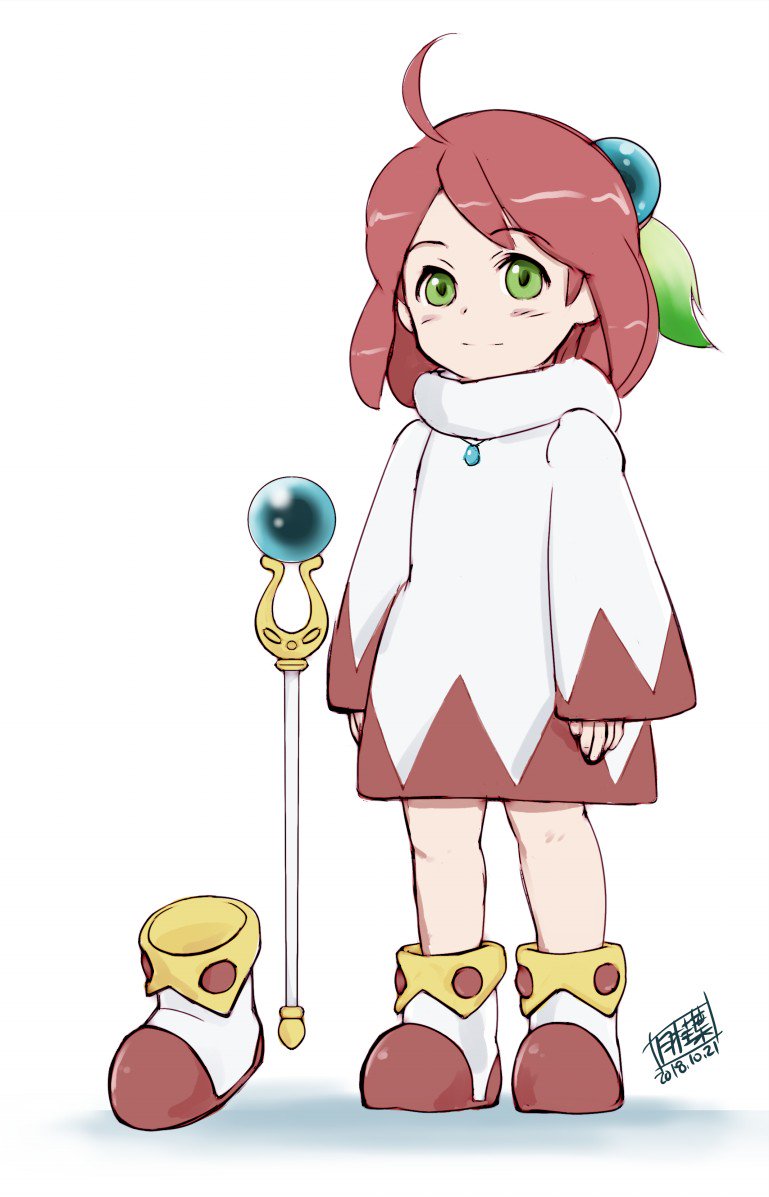 1girl ahoge boots closed_mouth final_fantasy final_fantasy_fables full_body gekkeiyou green_eyes hair_ornament jewelry looking_at_viewer pink_hair robe shirma short_hair simple_background solo staff white_background white_mage