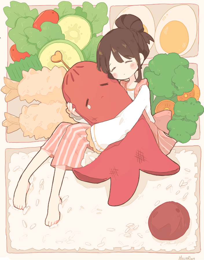 1girl =_= ^_^ bangs barefoot bento blush_stickers broccoli brown_hair capri_pants carrot celery cherry_tomato closed_eyes closed_mouth cucumber cucumber_slice dated egg eyebrows_visible_through_hair facing_viewer food food_art frilled_sleeves frills fruit hair_bun hand_up hardboiled_egg head_tilt heart in_food knees_together_feet_apart knees_up lettuce long_sleeves lunchbox melanbread minigirl no_nose object_hug original oversized_food oversized_object pants pink_pants pinstripe_pants pinstripe_pattern rice sausage shrimp shrimp_tempura sidelocks signature single_tear sitting sitting_on_food solo striped striped_pants swept_bangs tako-san_wiener tempura tomato toothpick umeboshi vegetable vertical-striped_pants vertical_stripes wide_sleeves