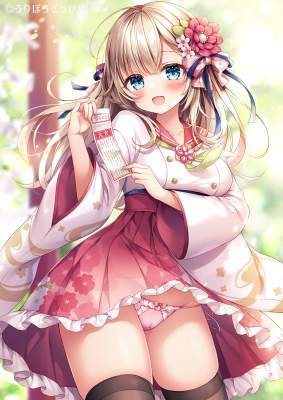 1girl blonde_hair blue_eyes blurry blurry_background blush breasts collarbone commentary_request dress floral_background flower frilled_dress frilled_skirt frills hair_between_eyes hair_flower hair_ornament hair_ribbon hand_up japanese_clothes leaf long_hair looking_at_viewer looking_to_the_side medium_breasts miko mitsuba_choco original panties ribbon skirt smile thigh-highs thighs tree underwear