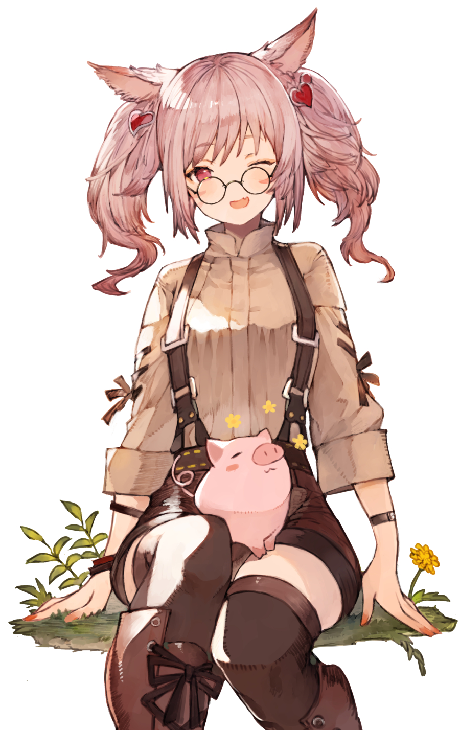 1girl ;d animal_ears animal_on_lap avatar_(ffxiv) bangs black_legwear boots brown_footwear brown_shirt brown_shorts cat_ears collared_shirt commission earrings facial_mark fang feet_out_of_frame final_fantasy final_fantasy_xiv flower glasses grass heart heart_earrings highres jewelry kemomin_nosuke knee_boots long_sleeves medium_hair miqo'te one_eye_closed open_mouth pig pink_hair pink_nails red_eyes round_eyewear shirt shorts simple_background sitting skeb_commission skin_fang smile solo suspender_shorts suspenders thigh-highs twintails white_background wristband