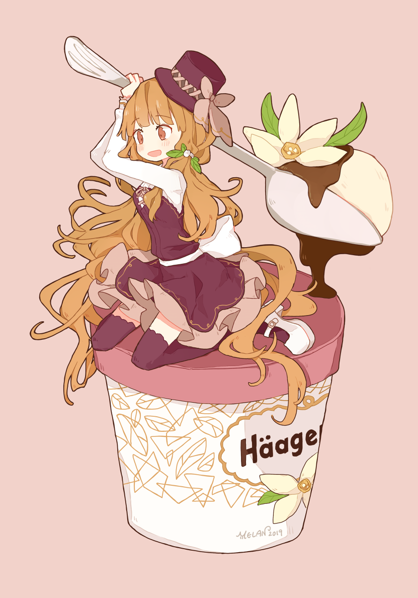 1girl :d arms_up back_bow bangs blunt_bangs blush bow brown_bow chocolate chocolate_syrup cross-laced_clothes cup dated dress eyebrows_visible_through_hair floating_hair flower food frilled_dress frills from_side full_body haagen-dazs hair_flower hair_ornament hair_over_shoulder hair_spread_out hat hat_bow high_heels holding holding_spoon ice_cream ice_cream_cup in_food leaf leaf_hair_ornament light_brown_eyes light_brown_hair lolita_fashion long_hair long_sleeves looking_away melanbread mini_hat mini_top_hat minigirl no_nose open_mouth original oversized_food oversized_object pleated_dress product_placement purple_dress purple_headwear purple_legwear sash shoes short_dress signature simple_background sitting sitting_on_food smile solo spoon tan_background tareme thigh-highs tilted_headwear top_hat very_long_hair wariza wavy_hair white_flower white_footwear white_sash zettai_ryouiki