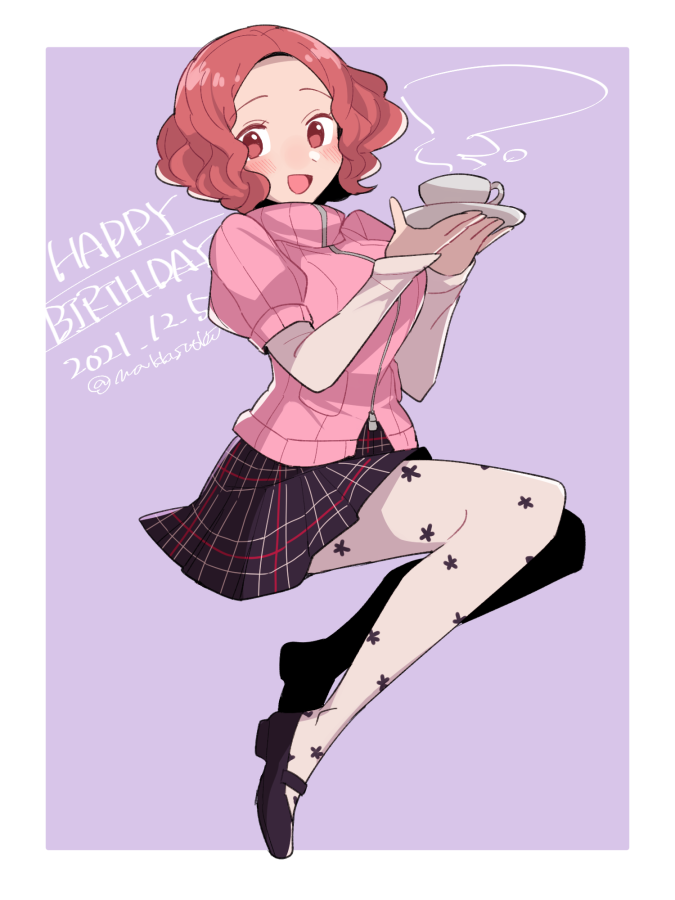 1girl black_footwear blush brown_eyes brown_hair commentary_request cup dated do_m_kaeru english_text forehead happy_birthday holding holding_plate layered_sleeves loafers long_sleeves looking_at_viewer miniskirt okumura_haru open_mouth pantyhose persona persona_5 pink_sweater plaid plaid_skirt plate pleated_skirt print_legwear puffy_short_sleeves puffy_sleeves school_uniform shoes short_hair short_over_long_sleeves short_sleeves shuujin_academy_uniform sitting skirt smile solo sweater teacup tongue turtleneck turtleneck_sweater twitter_username white_legwear white_sleeves zipper